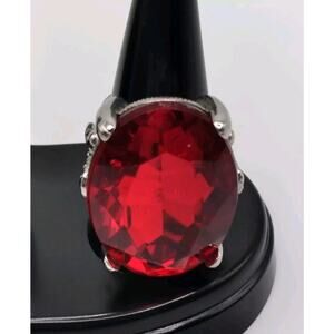 Cocktail Ring Ruby Red Glass Cabochon Statement Silvertone Ajustable Faceted